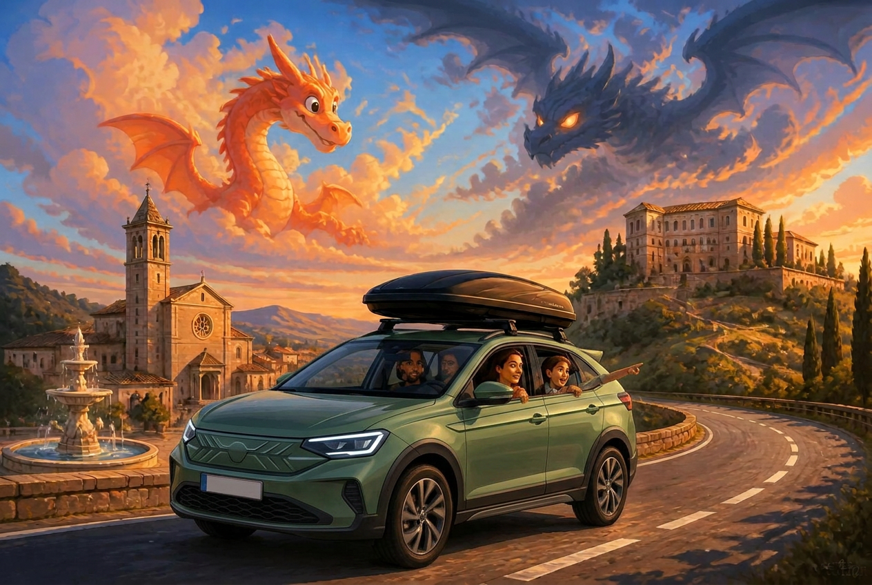 Una famiglia in viaggio in auto verso una chiesa, una fontana e un palazzo, con un draghetto e una creatura d'ombra tra le nuvole